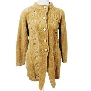 Love Fashion Cardigan Sweater Super Chunky Pockets Light Brown Embroidered Retro